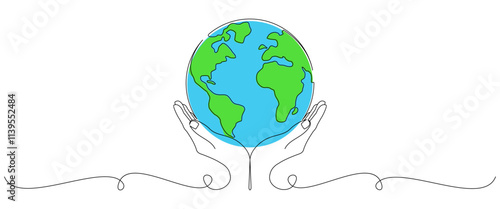 Earth day line art style. Earth globe with Hand in simple linear style. Doodle line vector