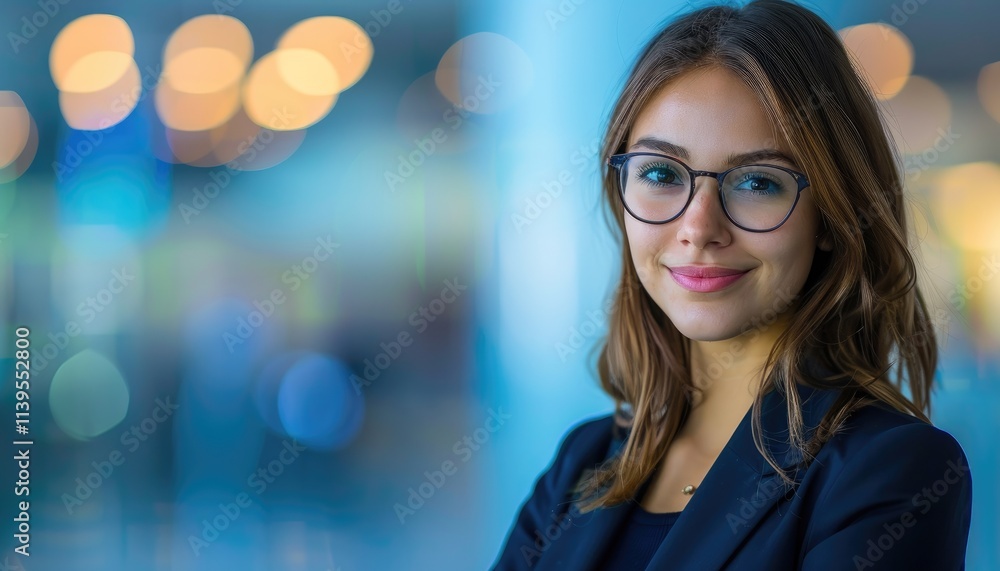 Young Woman with Glasses Posing Smiling in an Abstract Blurred Background Young Woman with Glasses Posing Smiling in an Abstract Blurred Background