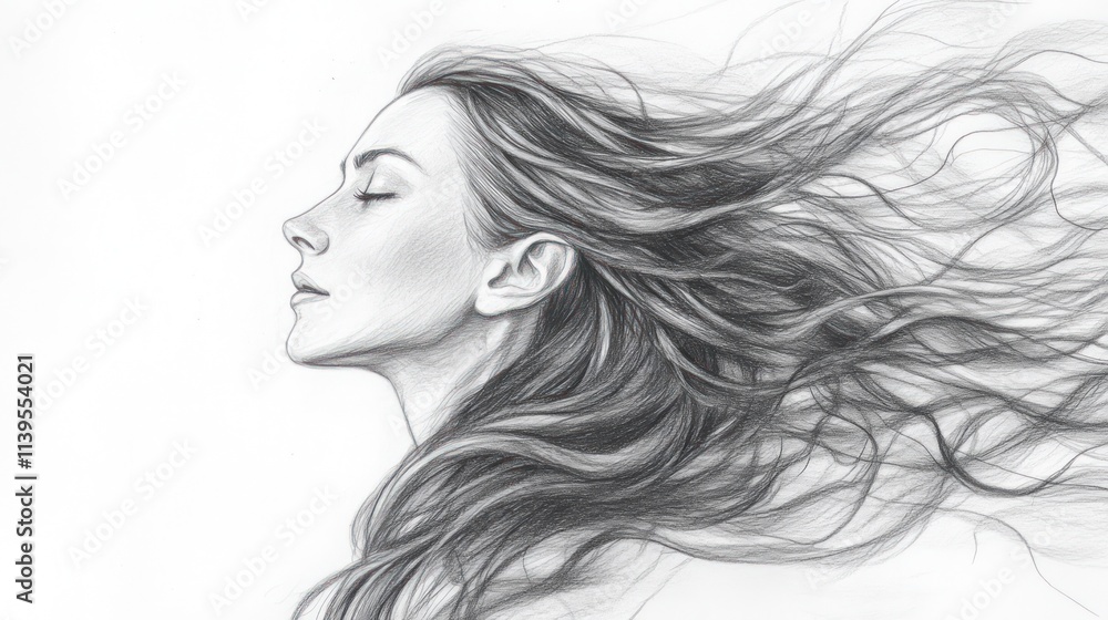 Woman's profile with flowing hair, detailed pencil sketch. Woman's profile with flowing hair, detailed pencil sketch.