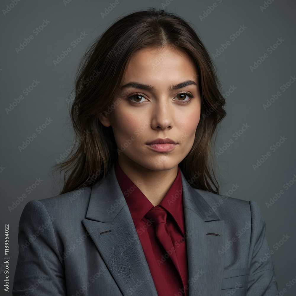 confident and charisma business woman standing against grey background confident and charisma business woman standing against grey background