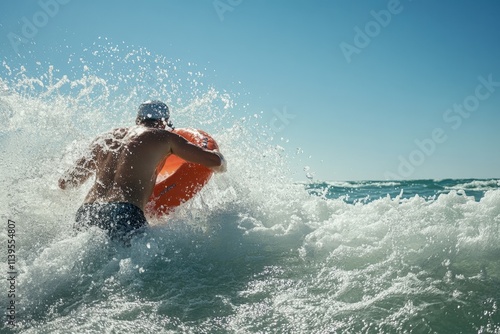 Lifeguard rescuing swimmer in ocean waves beachfront emergency action scene bright sunny day dynamic perspective on heroic rescue efforts photo