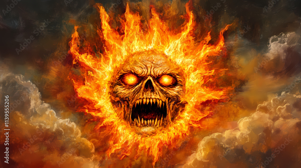 Fiery skull surrounded by flames and clouds, representing intense heat and danger. ominous expression evokes sense of foreboding and power Fiery skull surrounded by flames and clouds, representing intense heat and danger. ominous expression evokes sense of foreboding and power