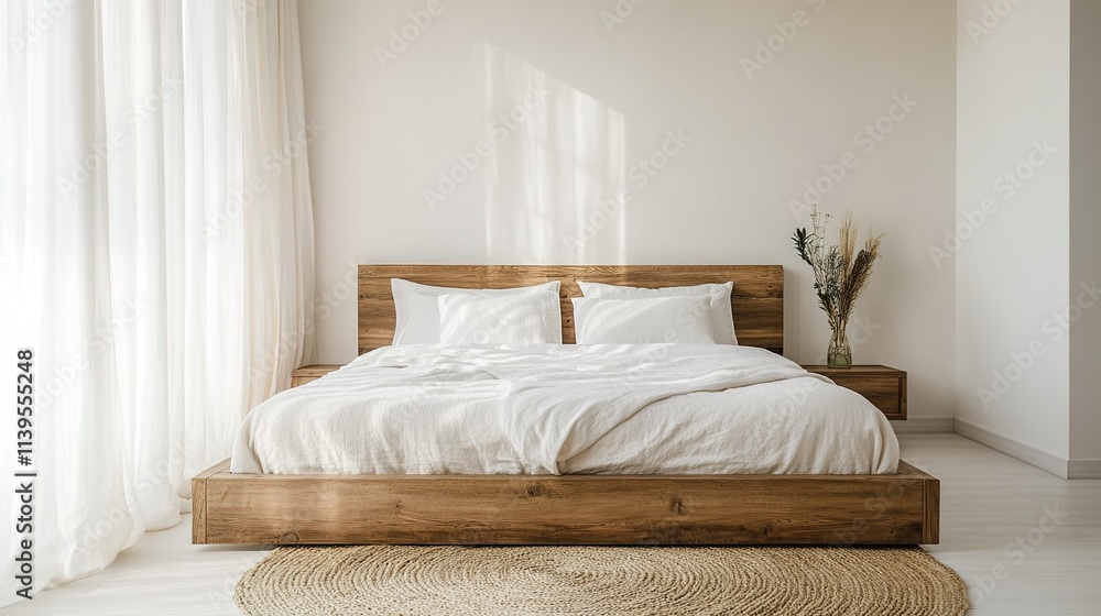 modern farmhouse bedroom, high-end design, wooden bedframe with soft linen bedding modern farmhouse bedroom, high-end design, wooden bedframe with soft linen bedding
