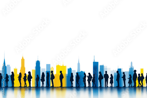 Silhouette of people against a vibrant city skyline in blue and yellow tones. isolated PNG transparent background.