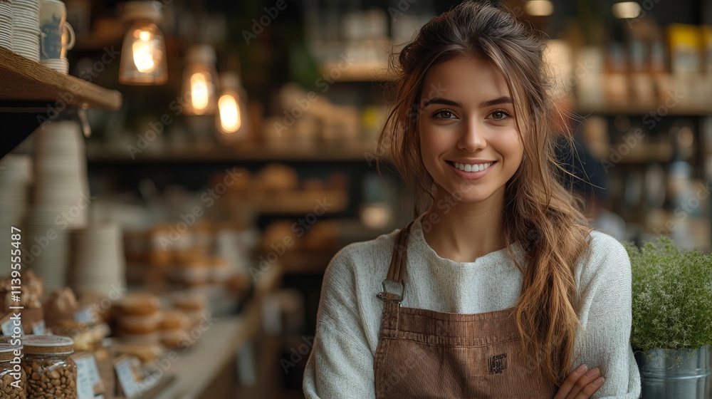 Young Female Business Owner Smiling in a Cozy Cafe Environment Young Female Business Owner Smiling in a Cozy Cafe Environment