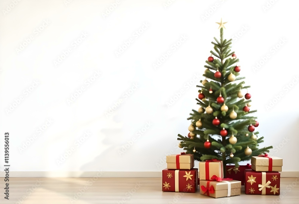 A decorated Christmas tree with red and gold ornaments , surrounded by wrapped gifts on a wooden floor in front of a plain white wall. A decorated Christmas tree with red and gold ornaments , surrounded by wrapped gifts on a wooden floor in front of a plain white wall.