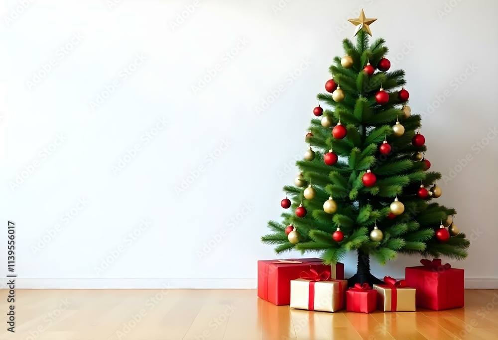 A decorated Christmas tree with red and gold ornaments , surrounded by wrapped gifts on a wooden floor in front of a plain white wall. A decorated Christmas tree with red and gold ornaments , surrounded by wrapped gifts on a wooden floor in front of a plain white wall.