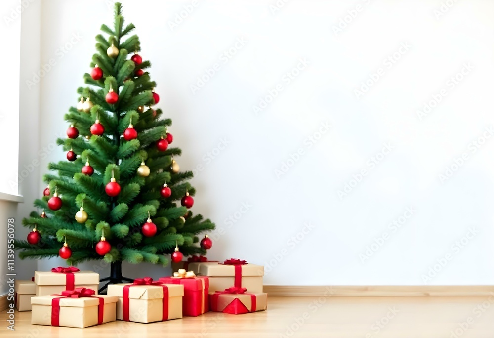 A decorated Christmas tree with red and gold ornaments , surrounded by wrapped gifts on a wooden floor in front of a plain white wall. A decorated Christmas tree with red and gold ornaments , surrounded by wrapped gifts on a wooden floor in front of a plain white wall.