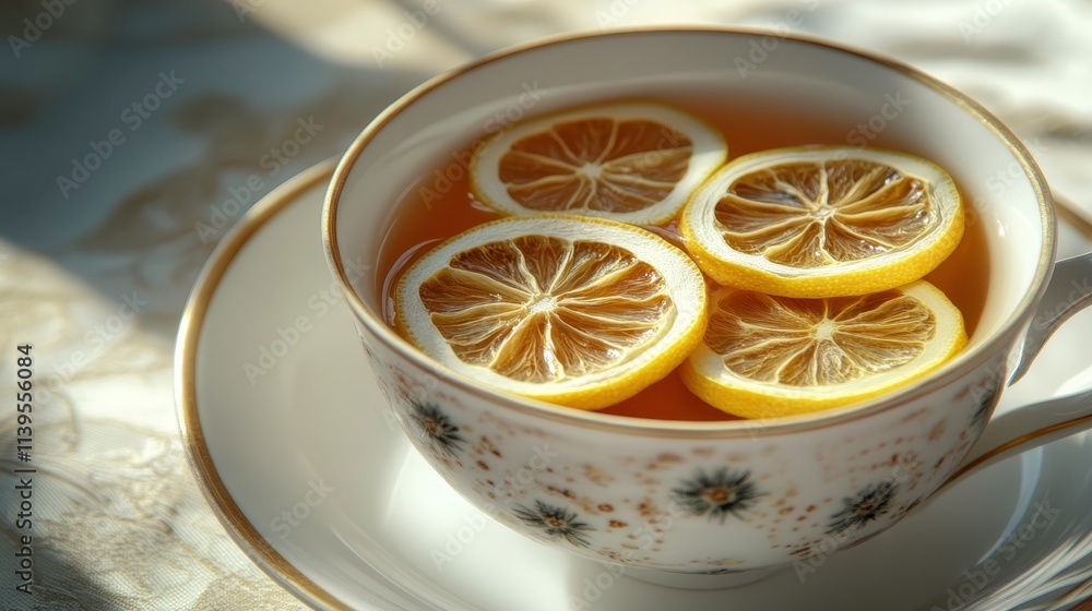 Warm Tea with Slices of Lemon in Elegant Cup Warm Tea with Slices of Lemon in Elegant Cup