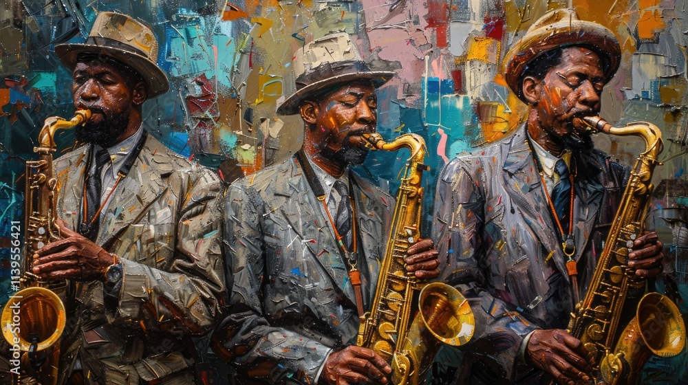 Fototapeta premium Three men in suits and hats playing saxophones, vibrant impasto painting.