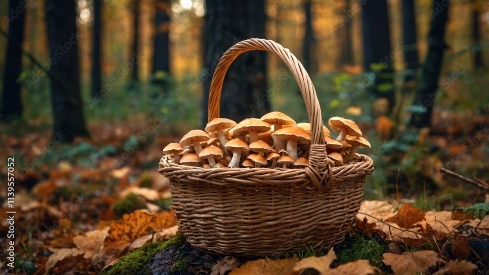 A rustic woven basket filled with freshly picked mushrooms sits in a vibrant autumn forest, surrounded by fallen leaves and nature's seasonal charm A rustic woven basket filled with freshly picked mushrooms sits in a vibrant autumn forest, surrounded by fallen leaves and nature's seasonal charm