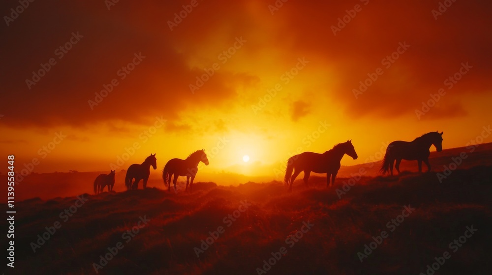 Silhouetted horses at sunset on a hill. Silhouetted horses at sunset on a hill.