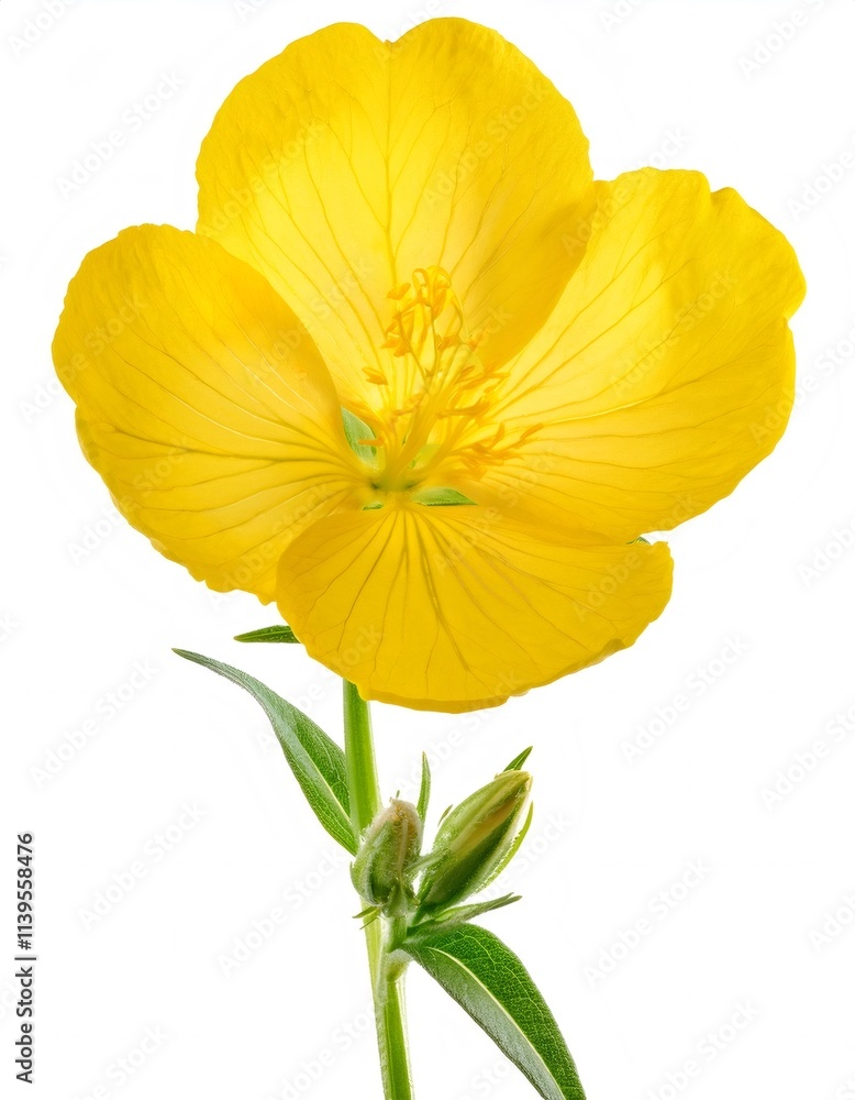 Beautiful evening primrose flower in vibrant yellow, displaying its delicate petals and green stem against a pure white background Beautiful evening primrose flower in vibrant yellow, displaying its delicate petals and green stem against a pure white background