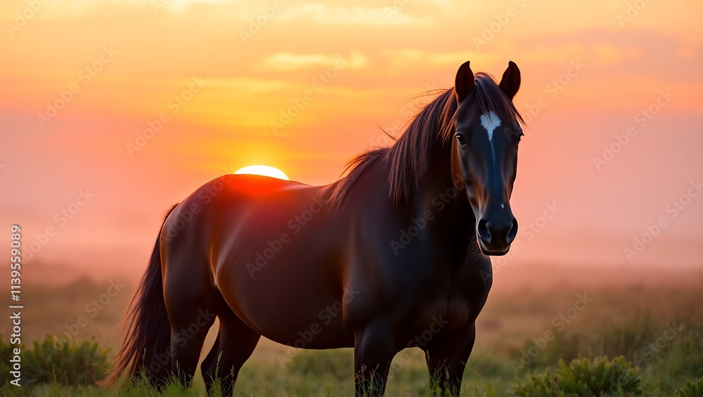 A solitary horse stands in a misty landscape at sunset. A solitary horse stands in a misty landscape at sunset.