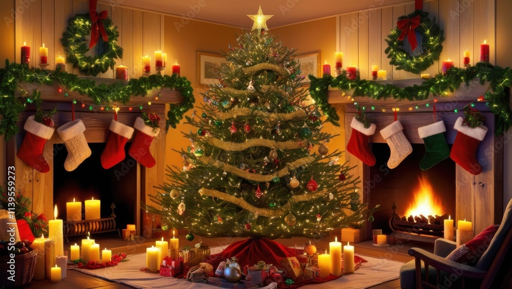 A warm and cozy scene depicting the Heart of Christmas Eve, where twinkling fairy lights and lush green garlands adorn a rustic wooden mantle, surrounded by candles, ornaments, and stockings hung by t A warm and cozy scene depicting the Heart of Christmas Eve, where twinkling fairy lights and lush green garlands adorn a rustic wooden mantle, surrounded by candles, ornaments, and stockings hung by t