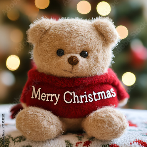 Adorable Christmas Teddy Bear with Red Festive Sweater on Blurred Holiday Background