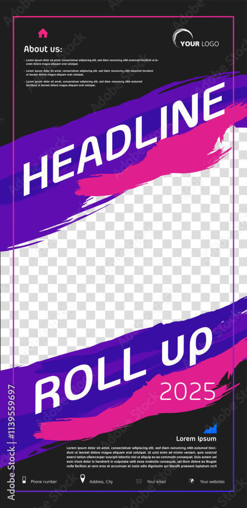 Fototapeta premium Vector roll up template with abstract violet and pink brush stroke. Modern background template