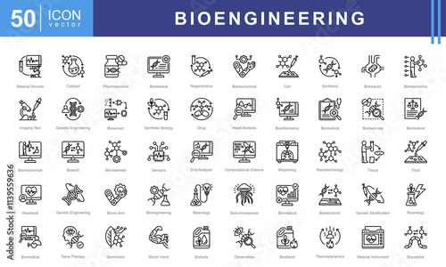 Bioengineering icon set of biomedical, bioluminescence, model, mineral, pharmaceutical, device, mechanical, computing, nanotechnology, data analysis, ethics, processing, imaging, genetic engineering