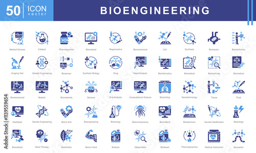 Bioengineering icon set of biomedical, bioluminescence, model, mineral, pharmaceutical, device, mechanical, computing, nanotechnology, data analysis, ethics, processing, imaging, genetic engineering