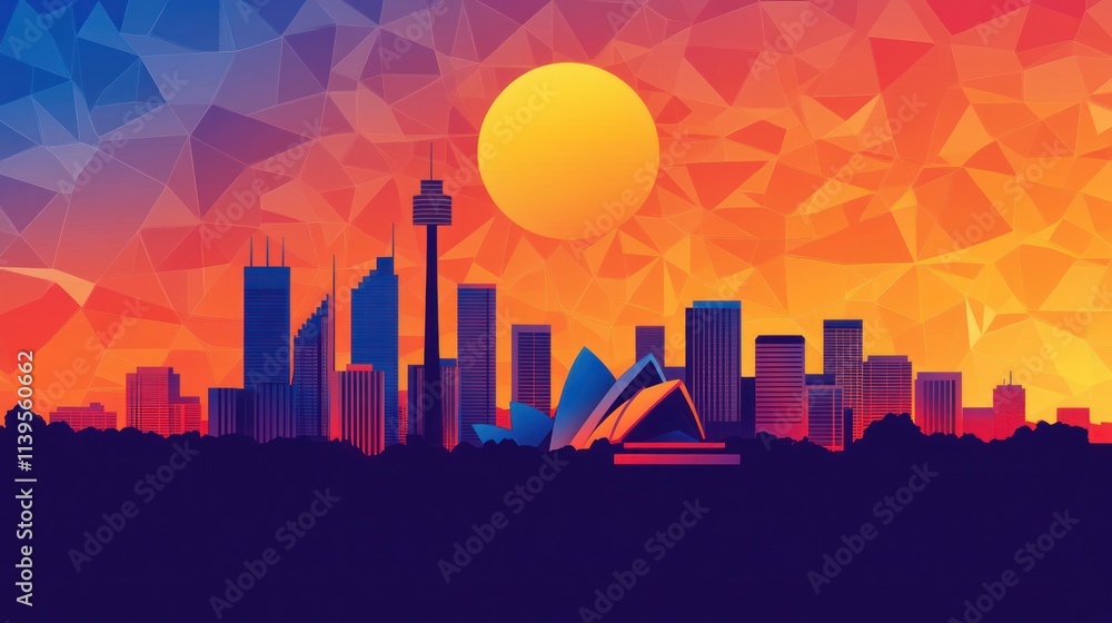 Obraz premium Vibrant, stylized illustration of Sydney skyline at sunset with geometric patterns.