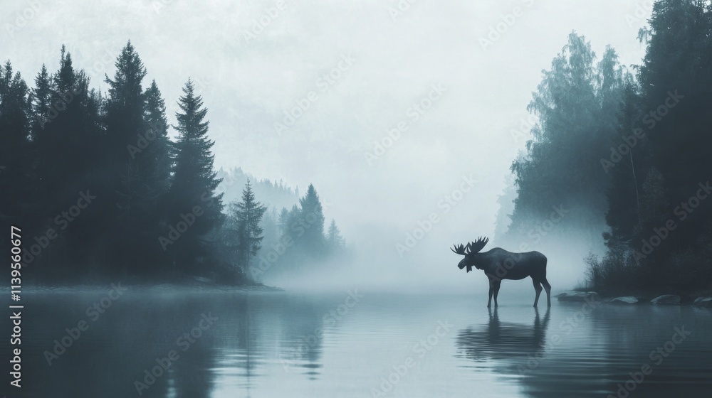 Solitary moose stands in misty lake, serene forest background. Solitary moose stands in misty lake, serene forest background.