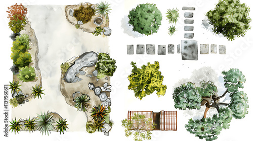 Hand-painted watercolor trees and planst. Top down view of plants, shrubs, paths landscape design materials for architecture plans. Landscape layout plan and architecture drawing elements
