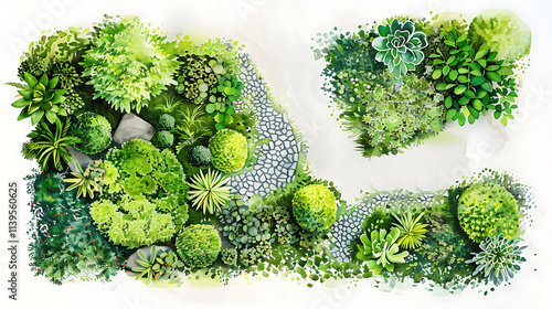 Hand-painted watercolor trees and planst. Top down view of plants, shrubs, paths landscape design materials for architecture plans. Landscape layout plan and architecture drawing elements