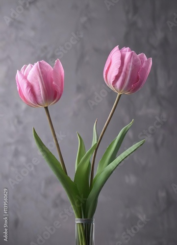 delicate pink tulip stems entwined with thin wire, vase, spring, pink tulips