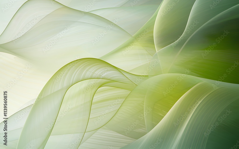 Obraz premium Abstract digital art with a green and white gradient background, featuring dynamic wave-like curved lines creating depth, movement, and a modern, energetic aesthetic