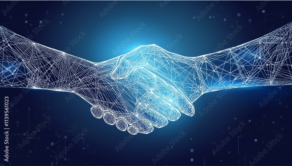 A digital handshake on a blue tech background with abstract hands made of lines, dots, and triangles. A digital handshake on a blue tech background with abstract hands made of lines, dots, and triangles.