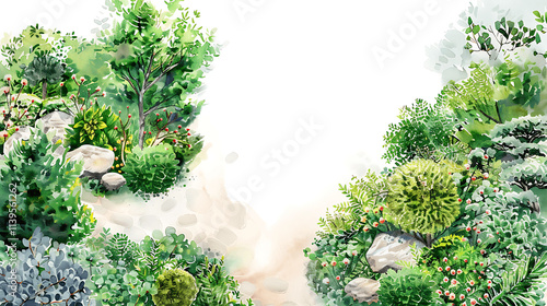 Hand-painted watercolor trees and planst. Top down view of plants, shrubs, paths landscape design materials for architecture plans. Landscape layout plan and architecture drawing elements photo