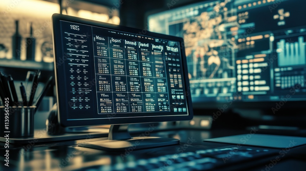 Modern workspace with multiple computer screens displaying financial data. Dark, professional interior. Modern workspace with multiple computer screens displaying financial data. Dark, professional interior.