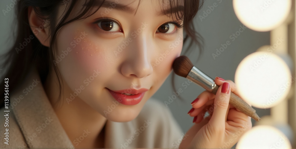 A beauty blogger concept featuring a young, beautiful Asian woman applying makeup to her face with a brush A beauty blogger concept featuring a young, beautiful Asian woman applying makeup to her face with a brush