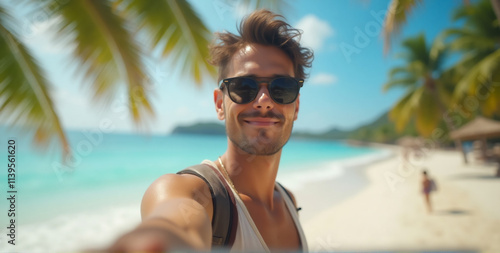 blogger (vlogger) concept: a person on doing selfie photo at the beach