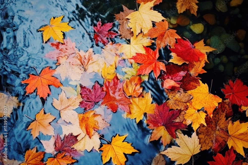 Colorful Leaves Drifting on Tranquil Water Surface