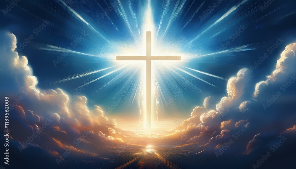 Fototapeta premium Cross In The Sky - Resurrection - Light Cross Shape In Clouds - Risen - Jesus Ascends to Heaven Scene 