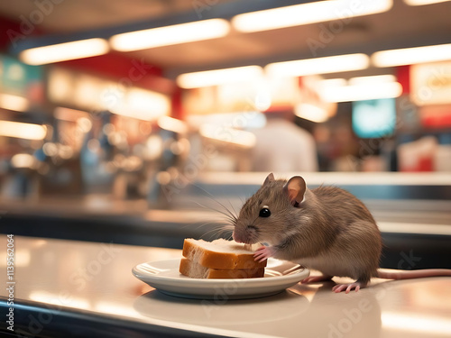 Ugly rat eating food at diner close-up shot urban environment realistic concept