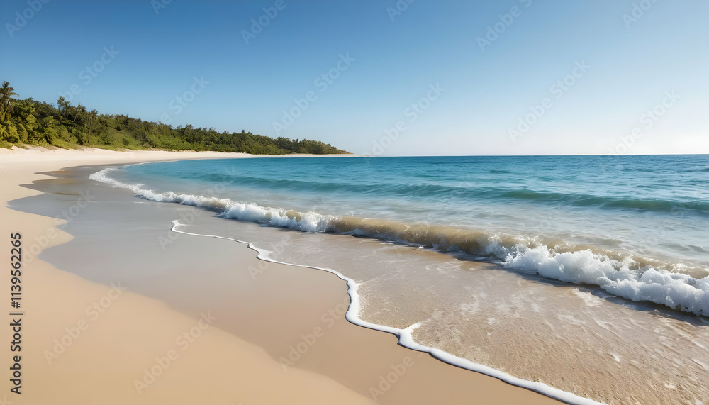 Tranquil Tropical Beach Scene: Serene Ocean Waves Caressing Golden Sands Under a Sunny Sky Tranquil Tropical Beach Scene: Serene Ocean Waves Caressing Golden Sands Under a Sunny Sky
