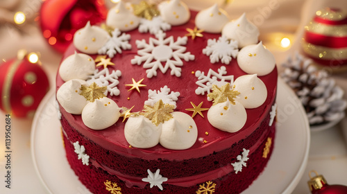 A close-up of a red velvet Christmas cake adorned with white frosting snowflakes and gold accents.