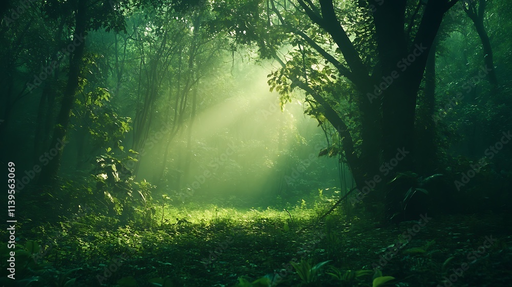 Obraz premium Mystical Forest Sunlight. Concept of Nature, Tranquility, and Enchantment.