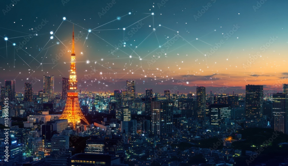 Obraz premium Tokyo cityscape at twilight with network connections.