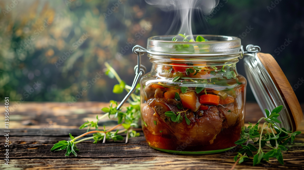A gourmet presentation of a premium glass jar filled with pork knuckle and autumn vegetables, glazed in a vibrant wine and brandy sauce. A gourmet presentation of a premium glass jar filled with pork knuckle and autumn vegetables, glazed in a vibrant wine and brandy sauce.