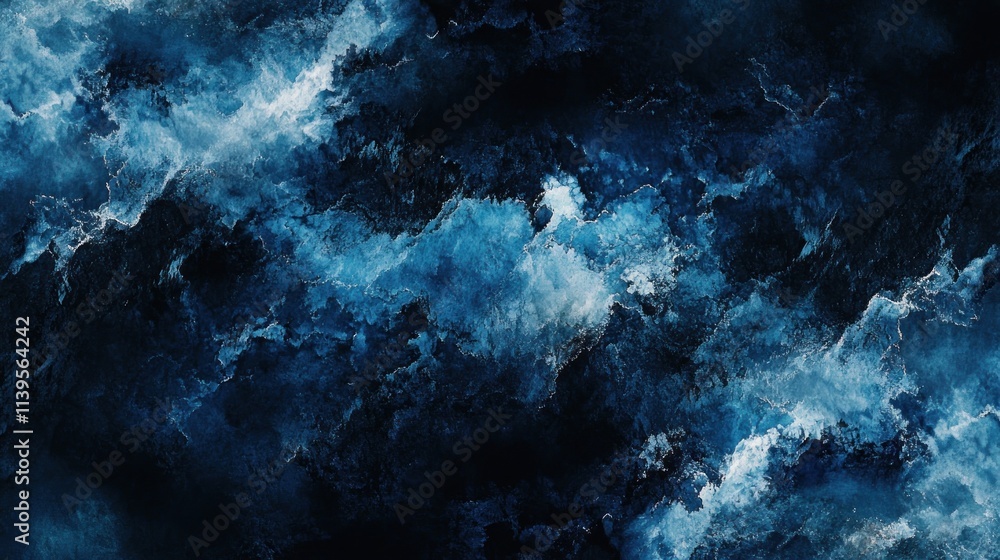 Fototapeta premium Abstract blue and black swirling patterns resembling waves or clouds.