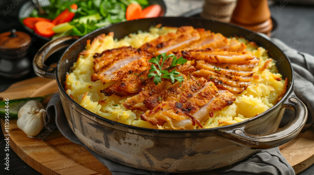A hearty meal of grated potatoes cooked to golden perfection in a pot, with crispy fried pork slices layered generously on top, served with a side of fresh vegetables. A hearty meal of grated potatoes cooked to golden perfection in a pot, with crispy fried pork slices layered generously on top, served with a side of fresh vegetables.