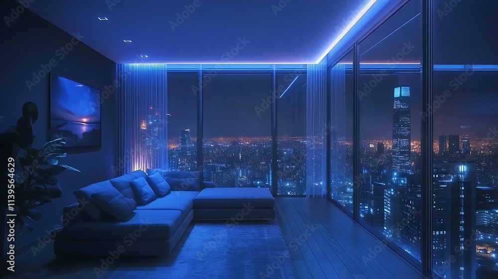 Minimalist lounge area with corner light, simple sofa, and open city view at night Minimalist lounge area with corner light, simple sofa, and open city view at night