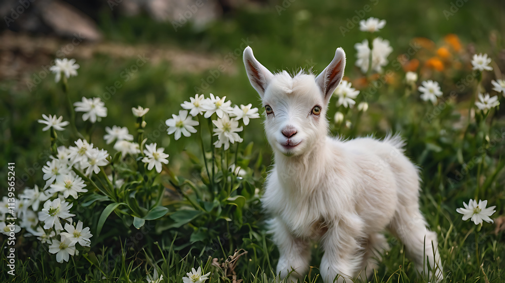 Baby goat standing on green grass with white flowers
Baby goat standing on green grass with white flowers