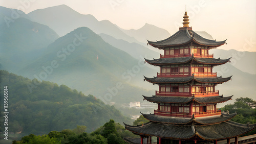Wallpaper Mural Majestic Multi-Tiered Chinese Pagoda, Curved Tiled Roofs, Intricate Red and Gold Detailing, Against Misty Green Mountains Backdrop Torontodigital.ca
