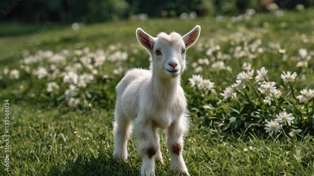Baby goat standing on green grass with white flowers
Baby goat standing on green grass with white flowers
