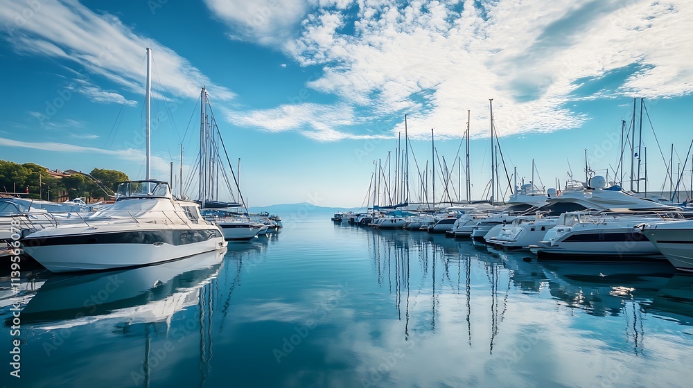 Fototapeta premium Luxury yachts in a marina. Concept of travel, leisure, and luxury.