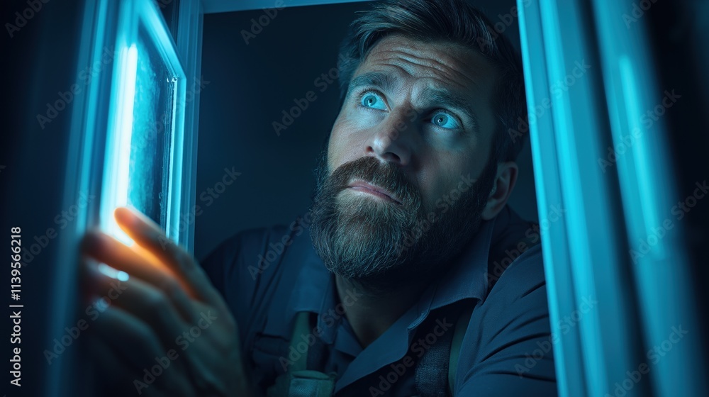 bearded man looks up with a thoughtful expression in a dimly lit room, accentuated by a striking blue light, suggesting a moment of reflection or contemplation bearded man looks up with a thoughtful expression in a dimly lit room, accentuated by a striking blue light, suggesting a moment of reflection or contemplation